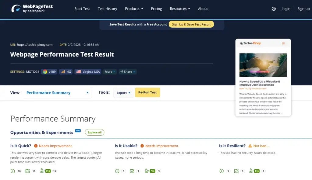 WebPageTest Performance Test Results 1024x592