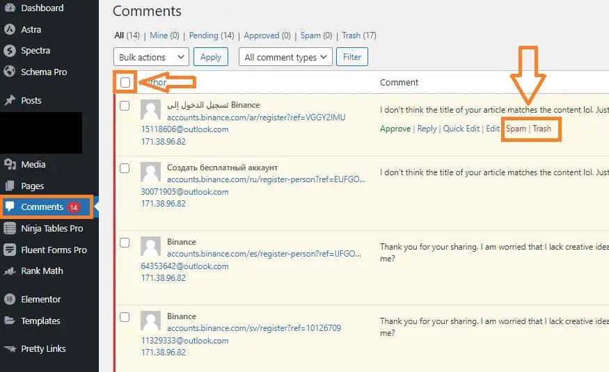 Delete Comments In WordPress Dashboard